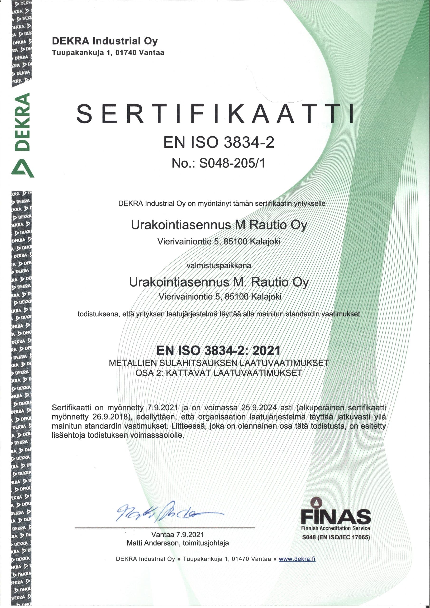 Dekra Sertifikaatti ISO 3834-2
